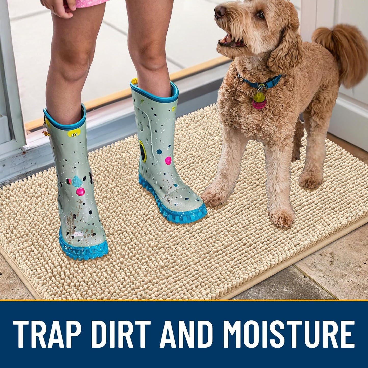 Smiry Dog Door Mat for Muddy Paws 48x30, Absorbs Moisture and Dirt Doormat, Non-Slip Washable Quick Dry Chenille Front Door Mat Indoor Entrance, Entryway Carpet for Inside Floor, Beige