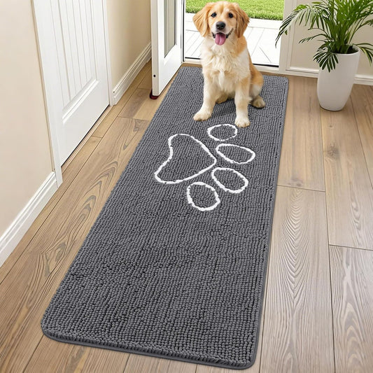 Smiry Dog Door Mat for Muddy Paws, Absorbent Dirt Trapper Non Slip Quick Dry Washable Chenille Mat for Mud Dogs, Entry Rug for Indoor and Outdoor (70x24 Inches, Dark Grey and White)