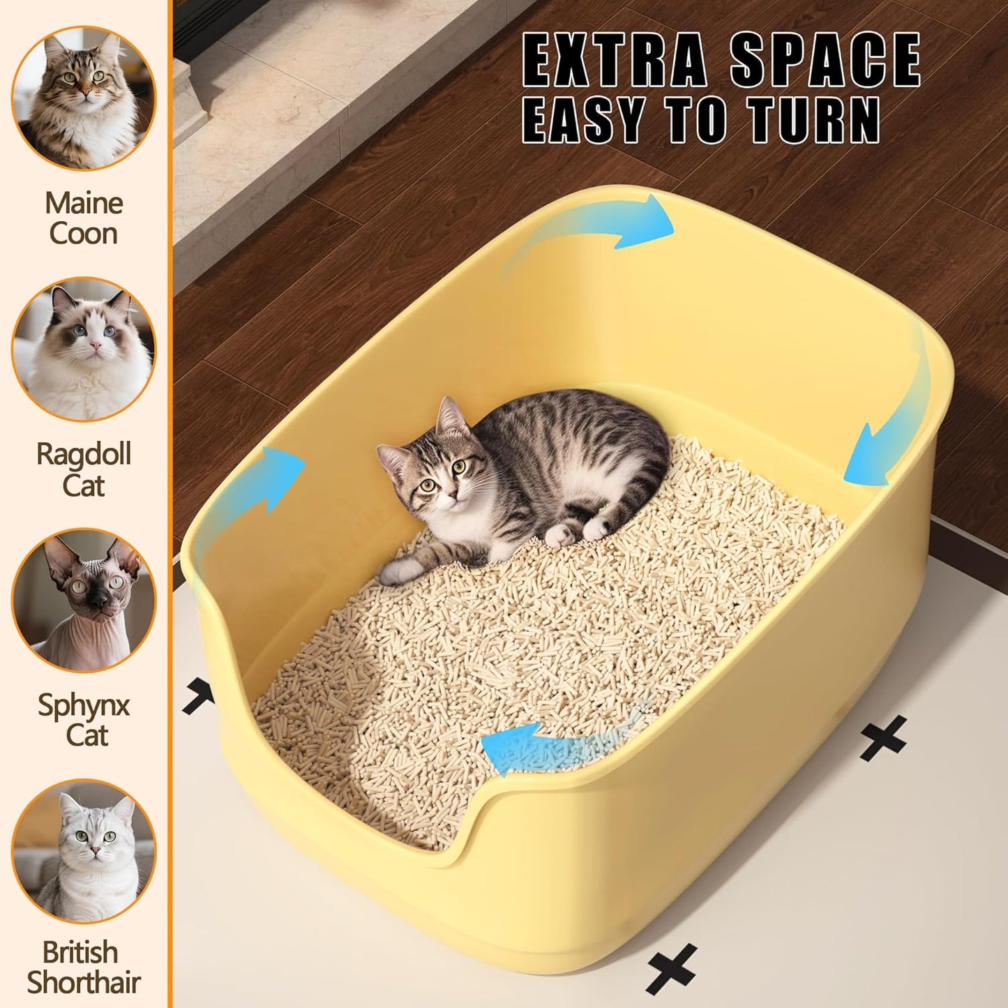 Gefryco Large Cat Litter Box with High Sided 24.6"x18.3"x12.2" - Jumbo Extra Large Open Anti - Splashing High Wall for Multiple Cats (Yellow)