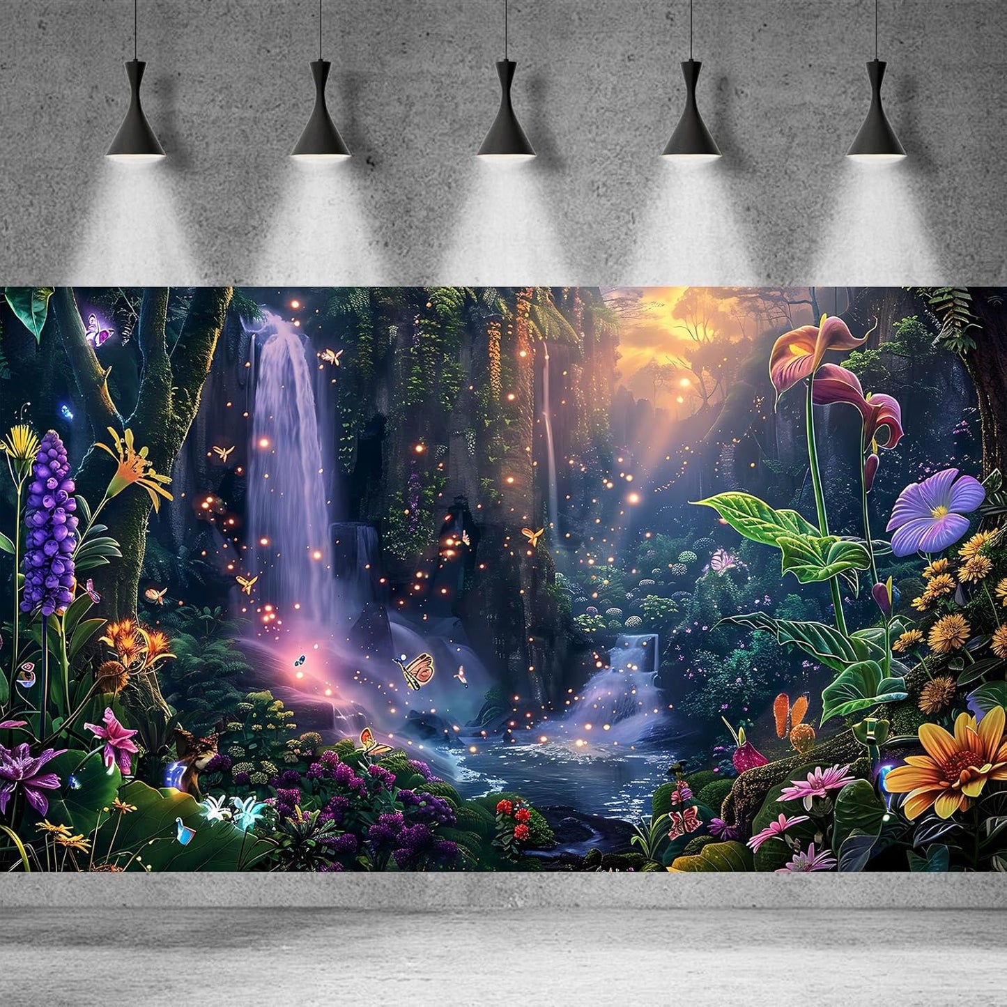 Fantasy Garden Aquarium Background Sunset Waterfall and Flowers Terrarium Backdrop Tropical Forest Lush Plant Magic Butterfly Lights Flowers Fish Tank Background Poster Decorations 60x24in
