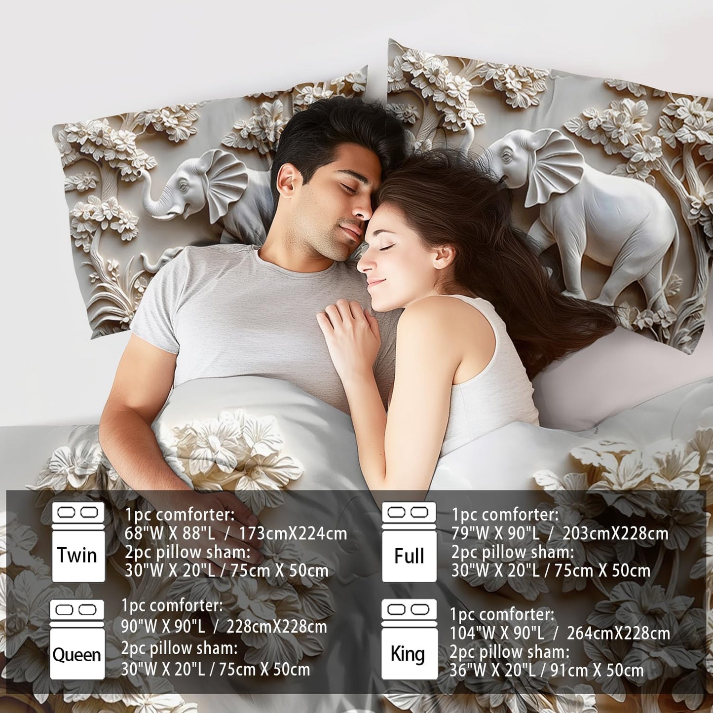 Elephant Comforter Set King Adult, White Animal Bedding Set King for Man, Cute Animal Comforter for Kids,Elephant Quilt Pattern White Bedroom Decor Womens, Relief Bedding