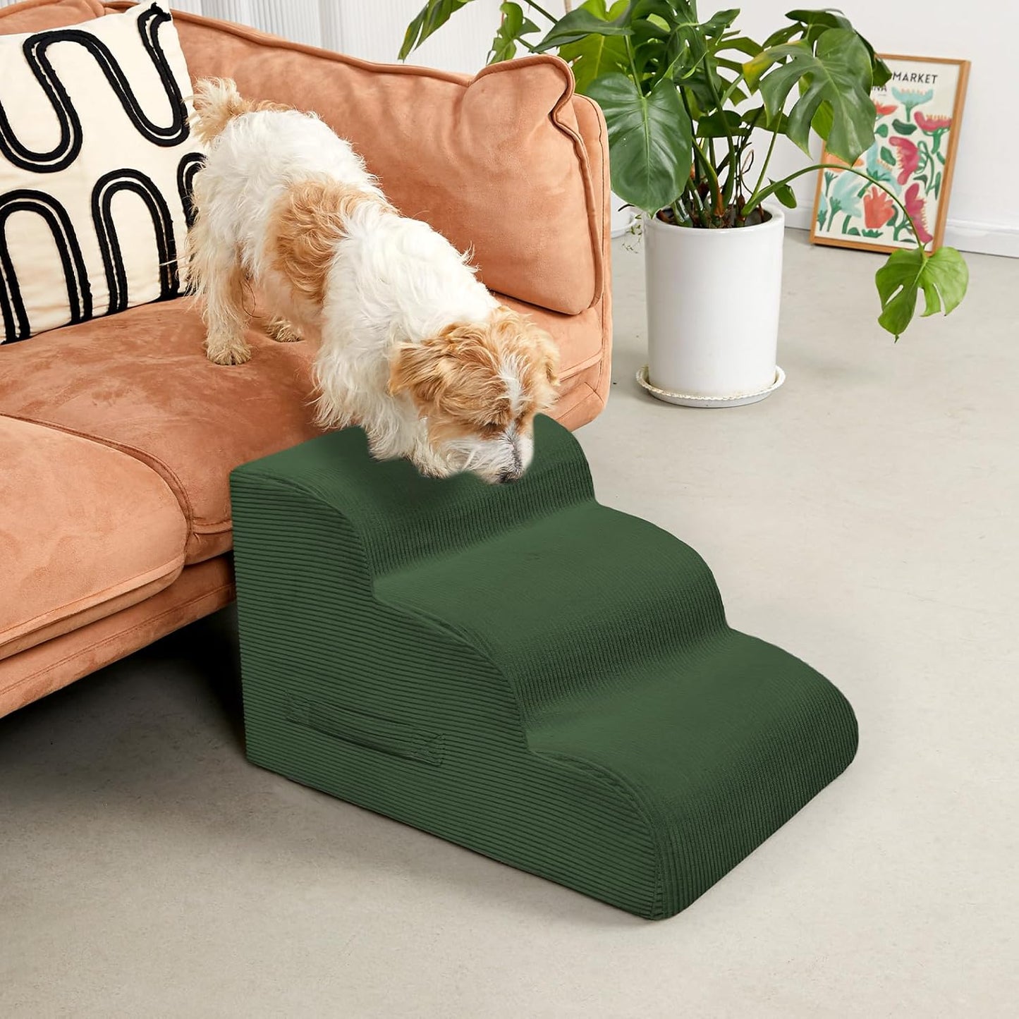 Dog Steps for Small Dogs, 3-Step Pet Ramp Stairs for High Beds and Sofa, Non-Slip Pet Stairs for Small Dogs and Cats, Removable and Easy to Clean Cover, Green