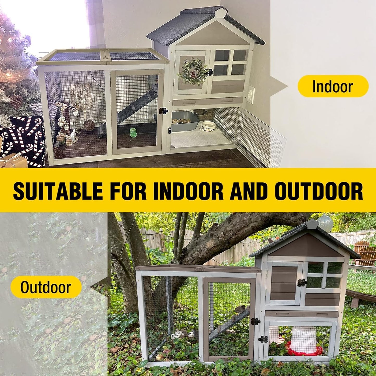 Aivituvin Large Rabbit Hutch Indoor Bunny Cage Outdoor with Run Chicken Coop Guinea Pig House with Waterproof Asphalt Roof,No Leakage Pull Out Tray (103.2" L x 25.2" W x 36.2" H,Brown-2 Sets)