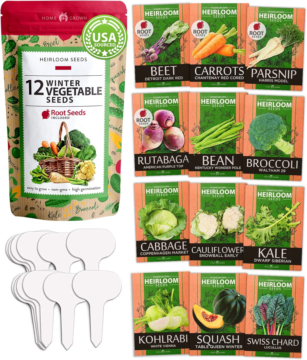 HOME GROWN 12 Winter Vegetable Seeds 𝗡𝗢𝗡-𝗚𝗠𝗢 Heirloom,Fall & Winter Vegetable Seeds for Planting Home Garden: Bean, Beet, Broccoli, Cabbage, Carrot, Cauliflower, Kale,Parsnip,Squash,Chard & More