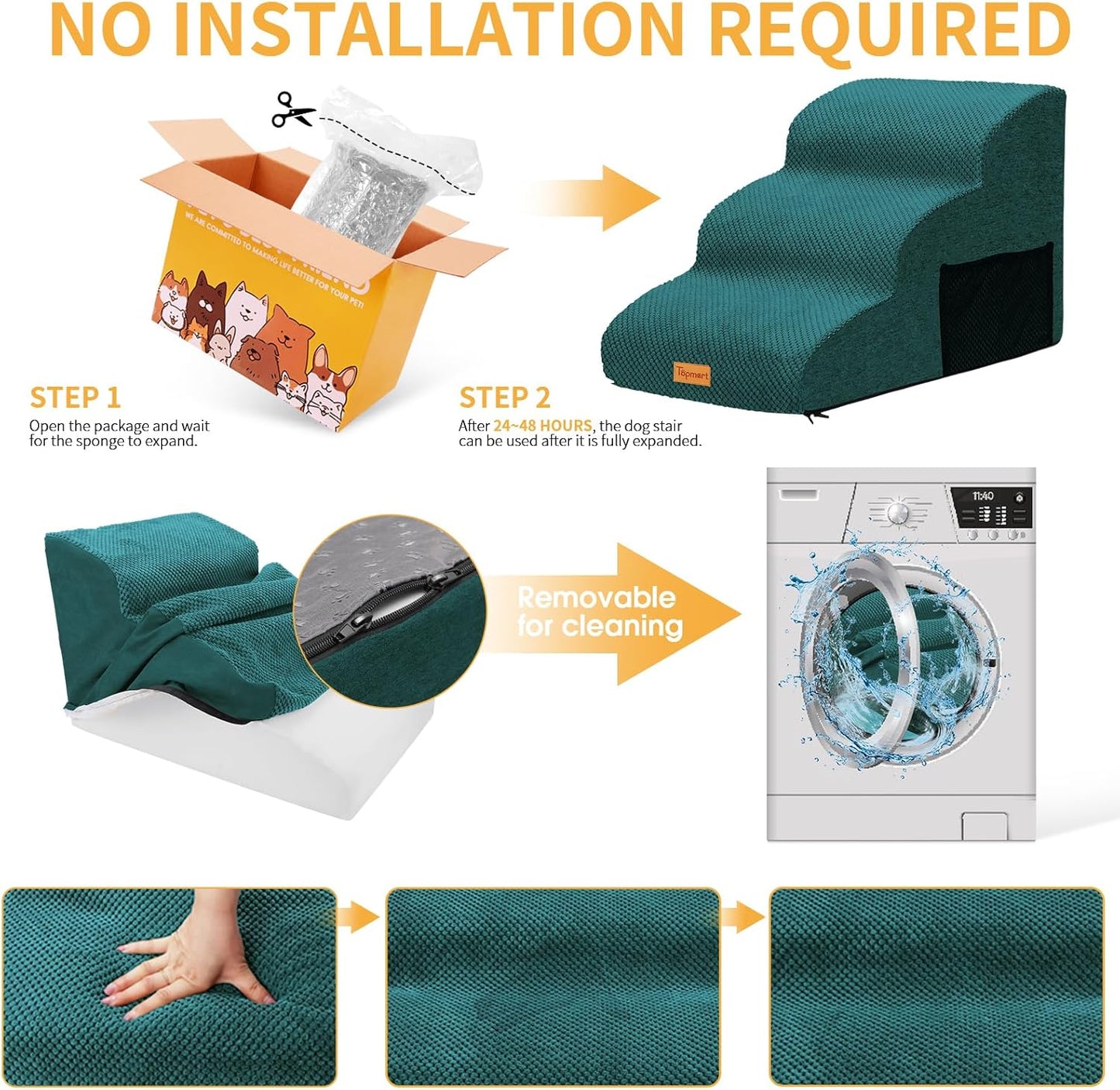 Topmart 3 Tiers Foam Dog Ramps/Steps,Non-Slip Pet Steps,Extra Wide Deep Dog Stairs,High Density Foam Pet Stairs/Ladder,Best for Older Dogs,Cats,Small Pets