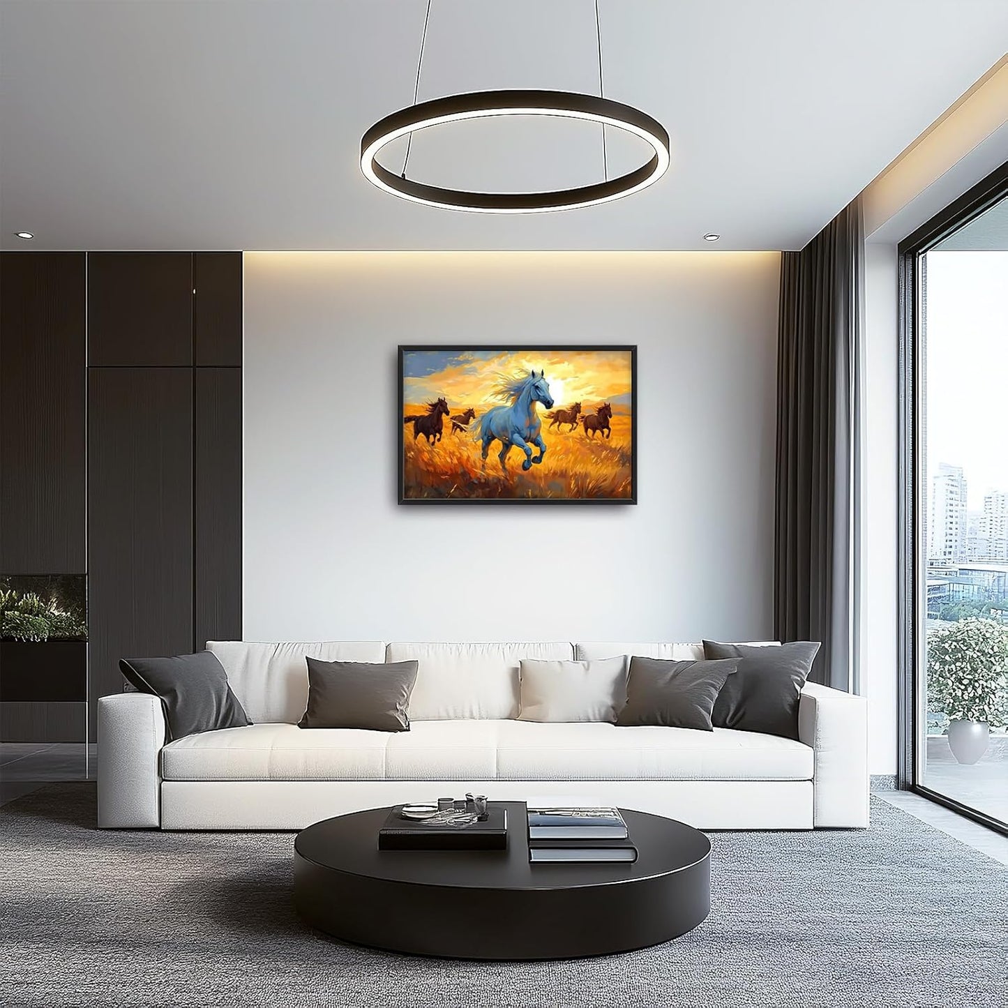 Framed Large Horse Wall Art for Living Room, Oversized Running Horses Wall Decor, Sunset Field Landscape Canvas Painting Home Decoration for Living Room Bedroom Dining Room Office 36"x24"