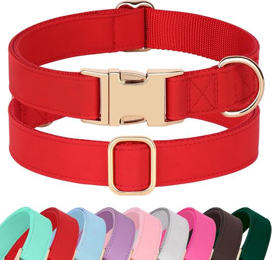 PET ARTIST Soft PU Leather Dog Collar, Bright & Classic Red Dog Collar with Quick Release Rose Metal Buckle, Adjustable Nylon Padded Durable Pet Collars for Small Dogs Girl, Neck Fit 9-14"