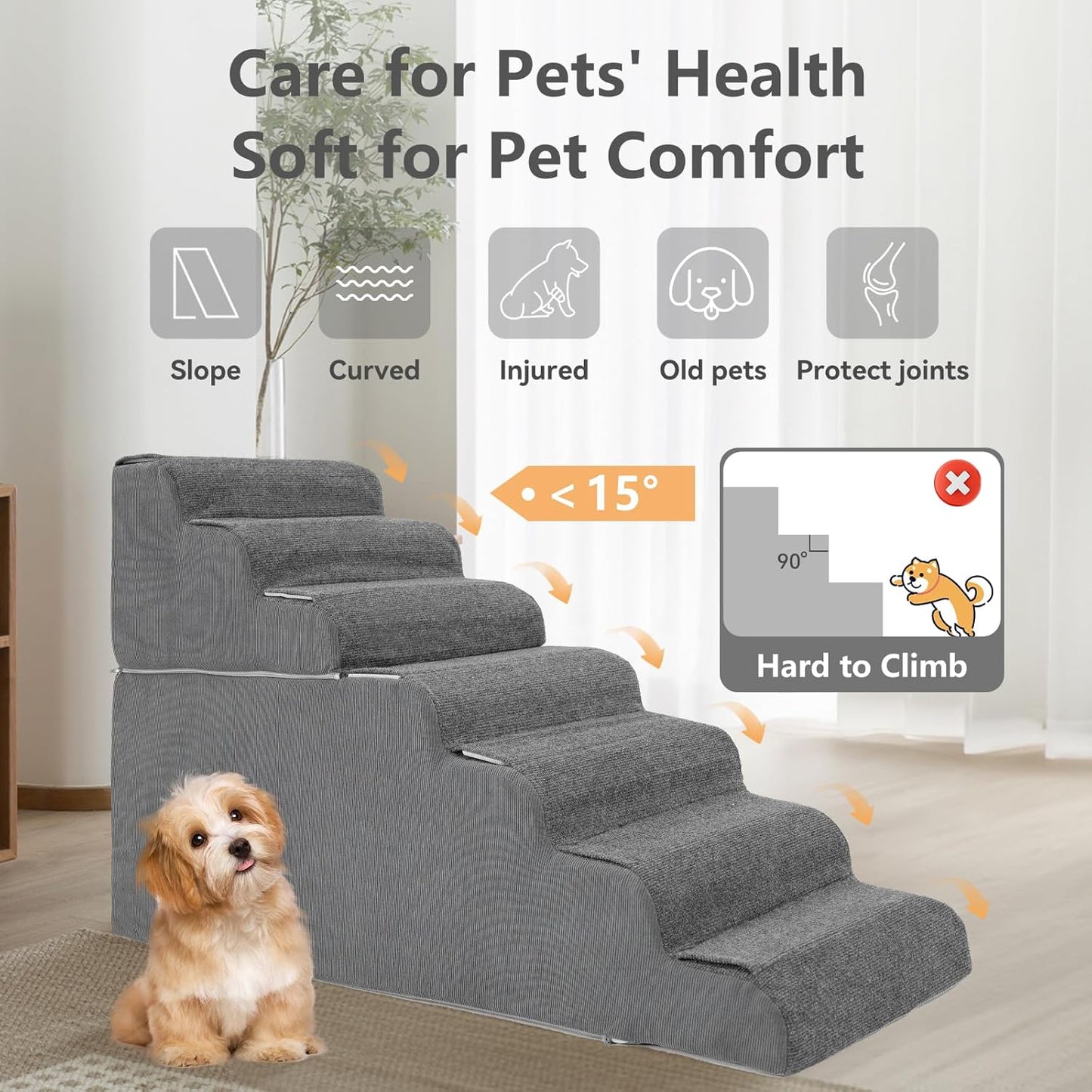 𝟳 𝗦𝘁𝗲𝗽𝘀 Dog Steps for High Bed, 30'' High Dog Stairs for Small Dogs, Waterproof Pet Stairs for Small Old Large Dogs and Cats with Removable Cover & PE Support Board for Bed, Car or Couch