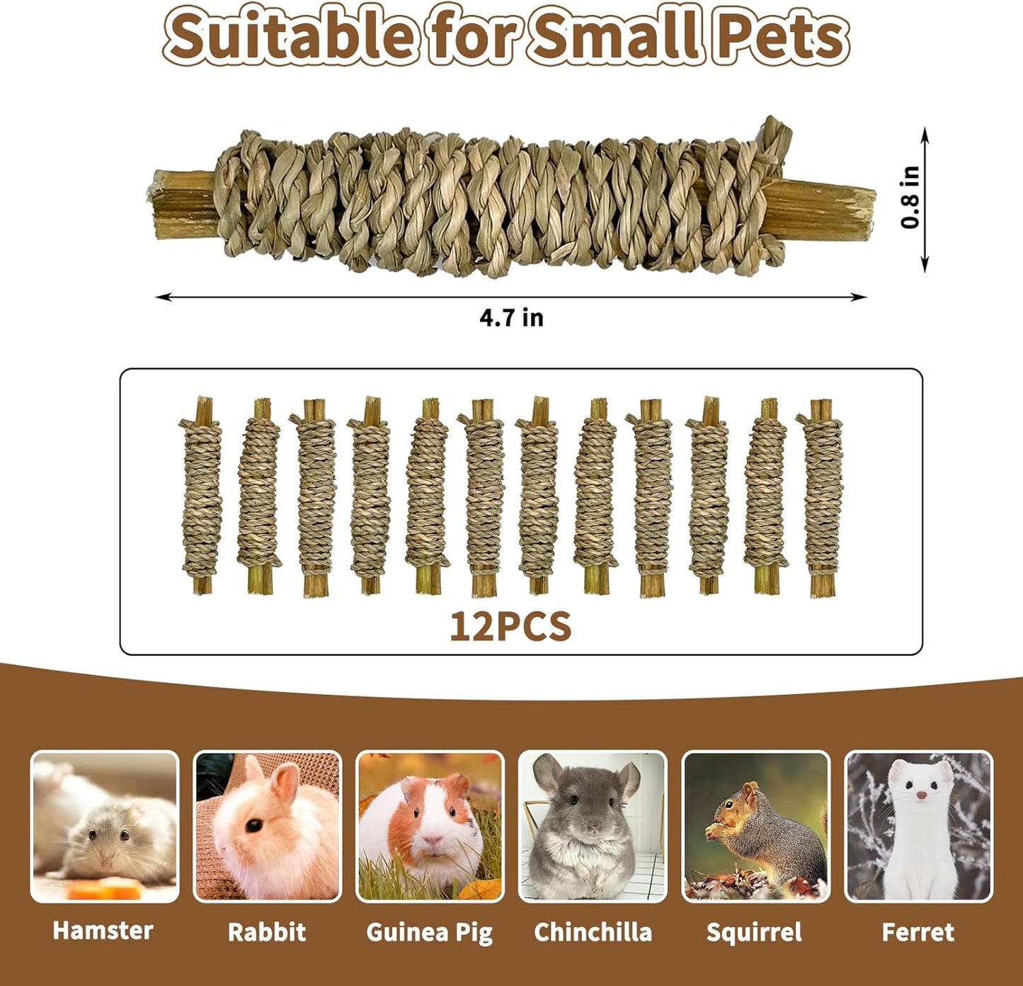 Fhiny 12 PCS Rabbit Chew Sticks, Natural Papaya Wood Seagrass Guinea Pig Chew Toys for Teeth Small Animal Molar Sticks Snacks for Bunny Guinea Pig Chinchilla Ferret Hamster Gerbil Dental Care