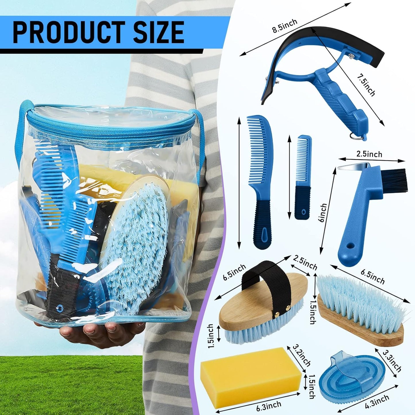 9 Pieces Horse Grooming Kit Tack Room Supplies Set with Organizer Tote Bag, Oval Massage Curry, Hard and Soft Brush, Hoof Pick, Sweat Scraper, Bathing Sponge, Combs for Horse Riders Beginners (Blue)