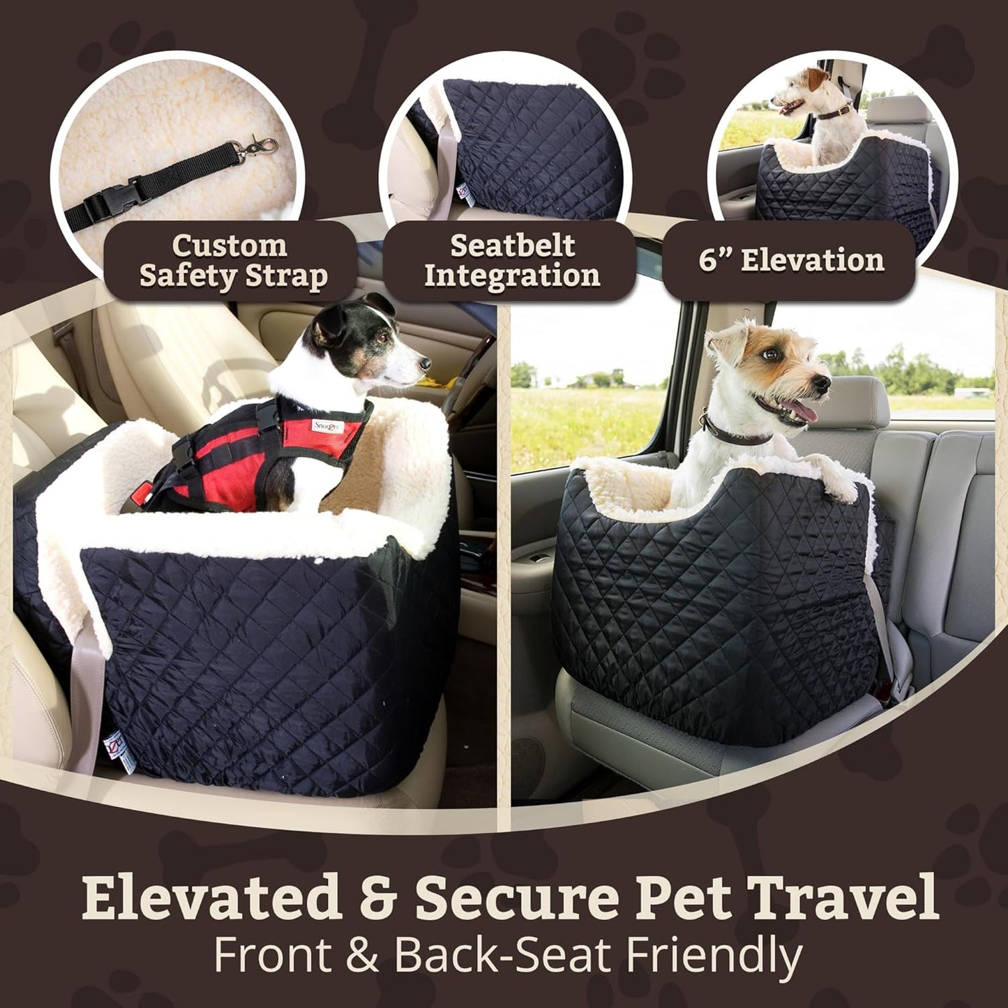 Snoozer Lookout I Car Seat - Dog Car Seats for Small Dogs, Puppy Booster Bed for Small Sized Pets up to 18 Lbs, Elevated, Washable - Size S, Black Quilted