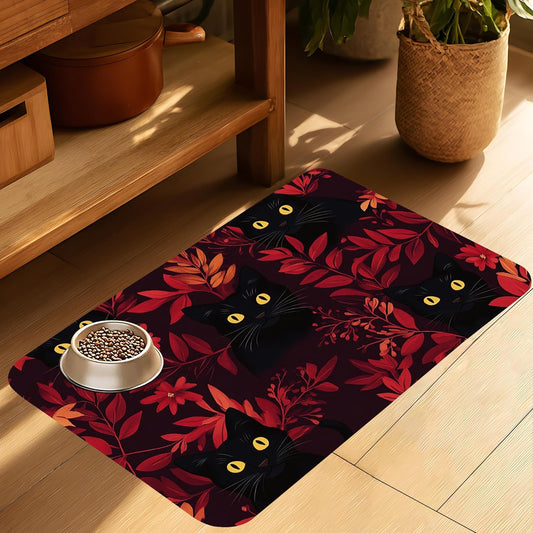 Black Cat Forest Pet Feeding Mat-Quick Dry Absorbent Dog Cat Food Mat, Anti-Slip Water Bowl Mats for Messy Eaters-No Stains Indoor Pet Accessories 16"x24"