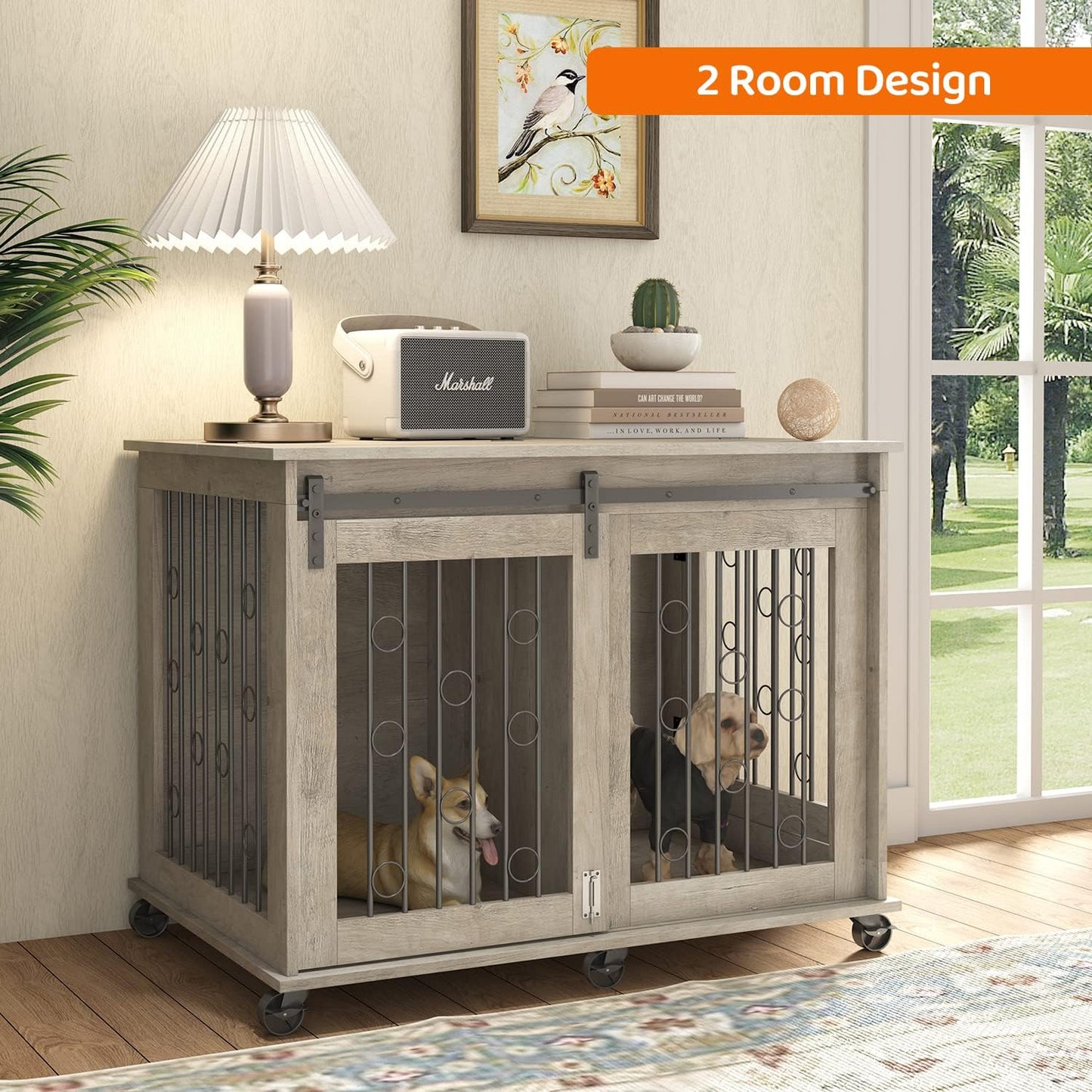 IchbinGo Large Dog Crate Furniture with Sliding Barn Door, 43.7" Wooden Dog Kennel End Table with Wheels and Flip-top Plate Dog House with Detachable Divider for Small/Medium/Large Dog (Rustic Grey)