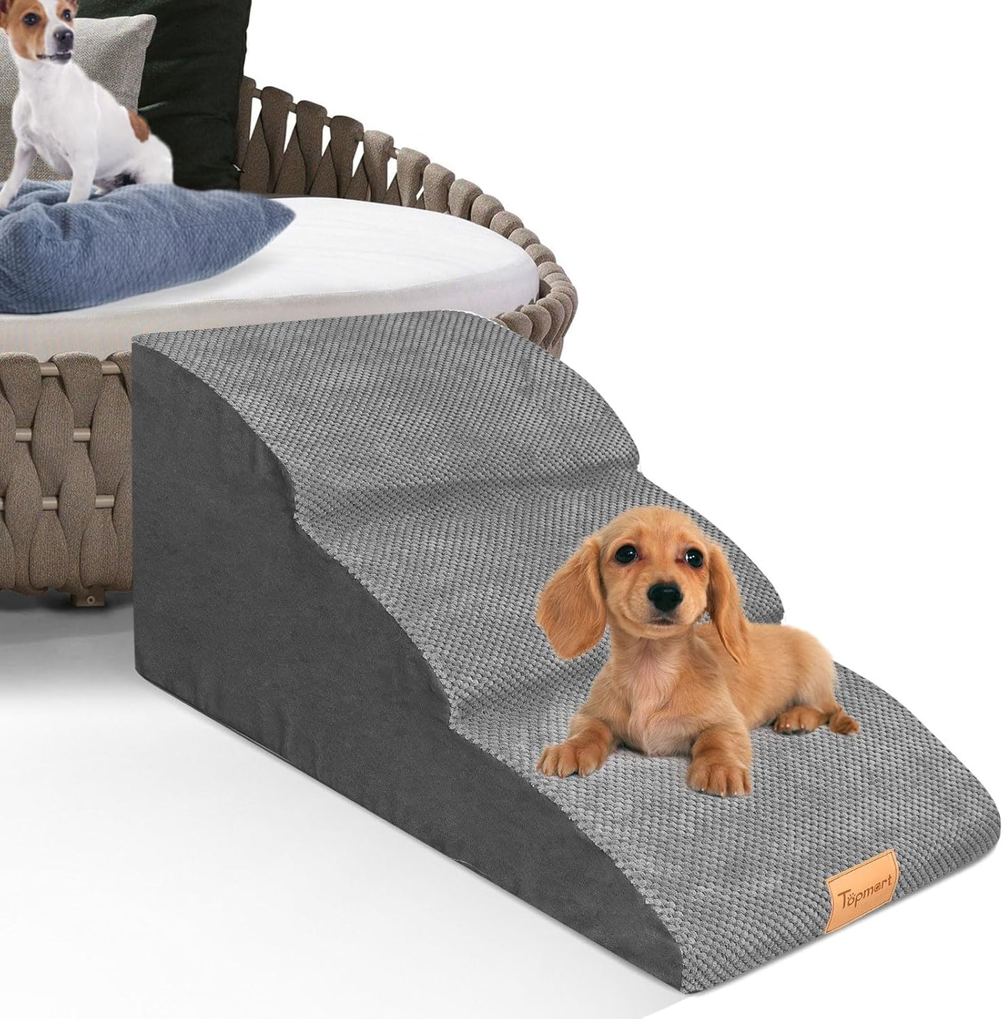 Topmart High Density Extended Foam Dog Ramp&Steps 3 Tiers,15.7" High,Non-Slip Dog Stairs with Waterproof Cover,Soft Foam Pet Ladder,Best for Injured,Older Cats,Pets with Joint Pain