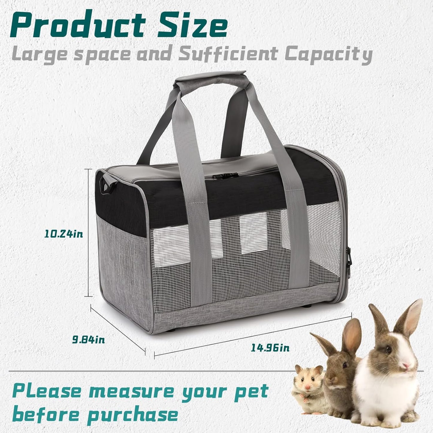 PINVNBY Bunny Carrier for Travel Camping Outdoor, Small Pet Carrier, Guinea Pig Carrier, Breathable Pet Portable Hand Bag for Hamster Bunny Guinea Pig（Black & Gray）