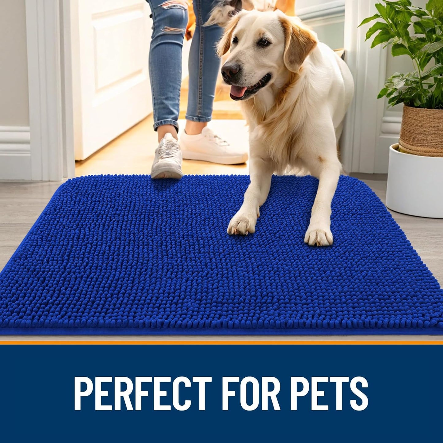OLANLY Dog Door Mat for Muddy Paws 40x24, Absorbs Moisture and Dirt, Absorbent Non-Slip Washable Doormat, Quick Dry Chenille Mud Mat for Dogs, Entry Indoor Entryway Carpet for Inside Floor, Royal Blue