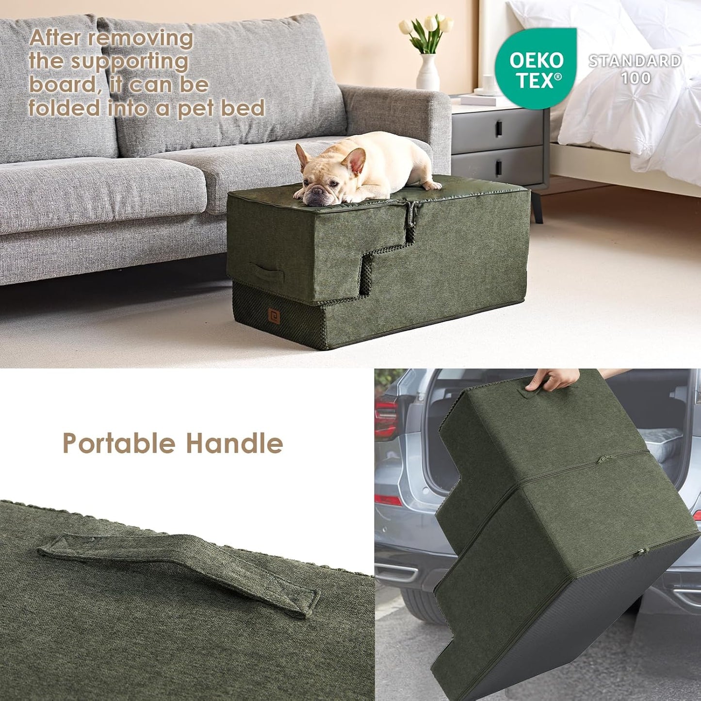 EHEYCIGA Dog Stairs for High Bed 22.5" H, 5-Step Dog Steps for Bed, Pet Steps for Small Dogs and Cats, Non-Slip Balanced Pet Ramp Indoor, Olive Green