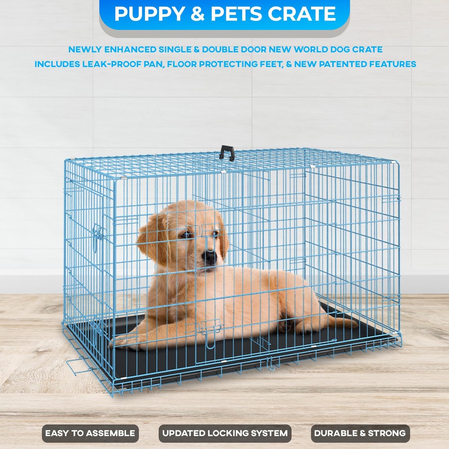 FDW Dog Crate for Small Dogs 24 Inch Folding Metal WirePet Cage Double Door W/Divider Panel Indoor Outdoor Kennel Leak-Proof Plastic Tray,Blue