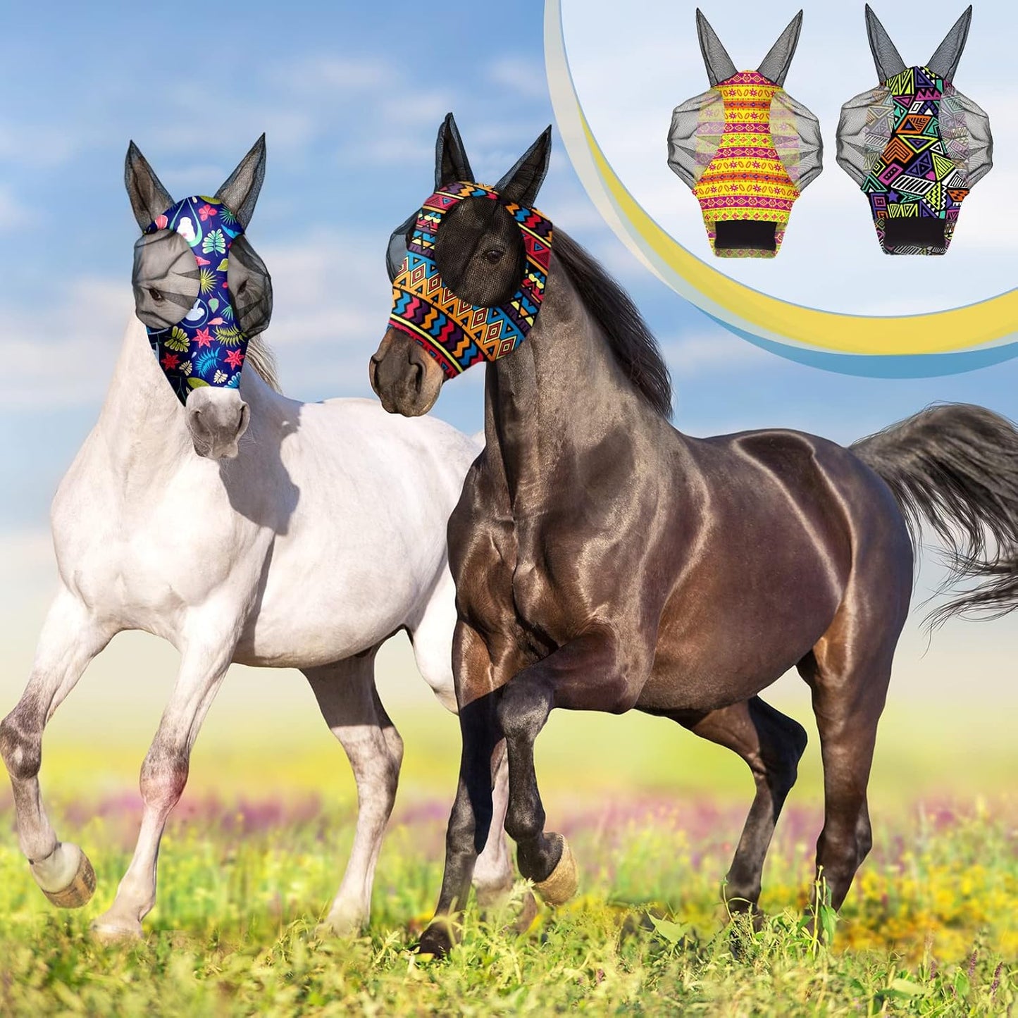 Frienda 4 Pieces Horse Fly Masks with Ears Face Covering UV Protection from Insect Pests Elasticity Smooth Comfortable Mesh Horse Mask Accessories(Geometric,Medium)