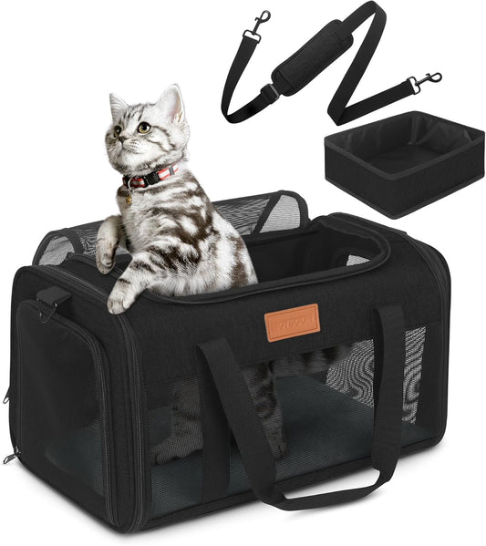 PETUX Pet Carrier Airline Approved, 17"x11"x9.5" Cat Carrier Soft with Anti-Scratch Mesh for Small Cats up to 12 lb, Top Open Portable Dog Carriers with Little Box for Puppy up to 10 lb (Black)