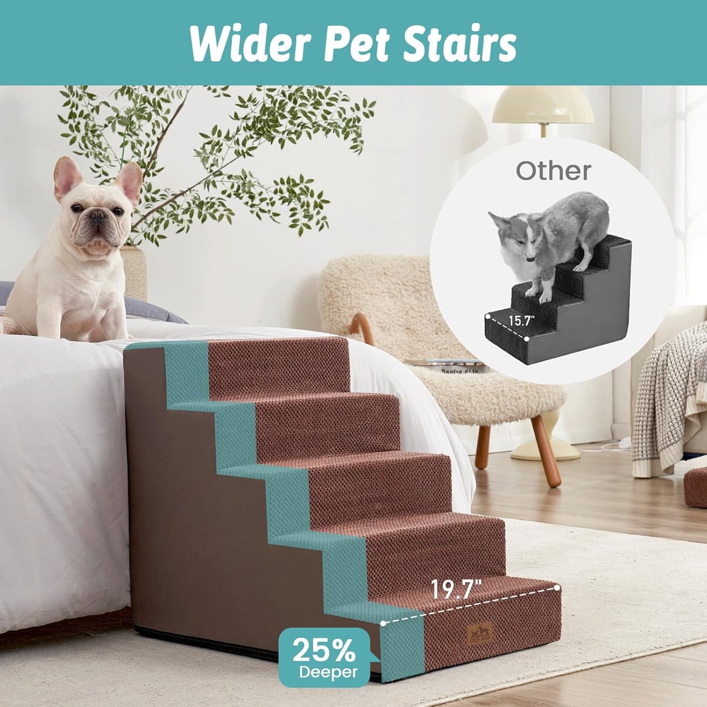 Dog Stairs for Small Dogs, 5 Tier Wider Pet Stairs for High Beds, 23.6" H Non-Slip Dog Steps for Old Cats, Puppies, Small Medium Dogs, 29.5x19.7x23.6 inch, Brown