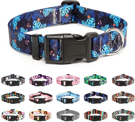 Mercano Adjustable Dog Collar - Special Design Patterns, Soft Nylon Comfortable Durable Pet Collar for Small Medium Large Dogs (S, Monstera)