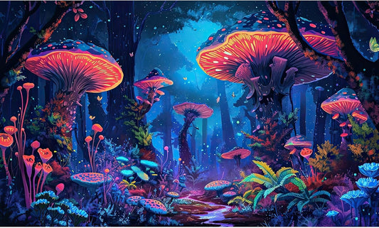 Mushrooms Aquarium Background Fantasy Bright Flowers Butterflies Fish Tank Backdrop Decoration Poster Trippy Wonderland Landscape with Giant Mystical Mushrooms Terrarium Background Decor 36x18in