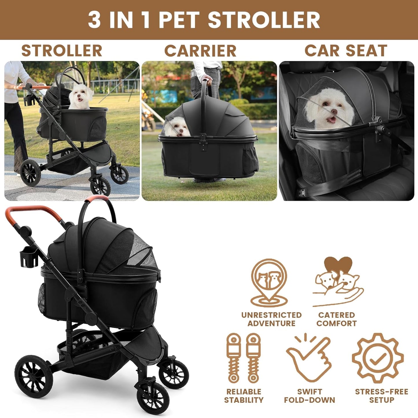 Pet Stroller with 4 Wheels, Foldable Pet Travel Carrier for Small/Medium Dogs Cats up to 50lbs, Detachble Portable Pet Bag, Storage Basket, Car Seat 3 in 1 Multifunctional (Black)