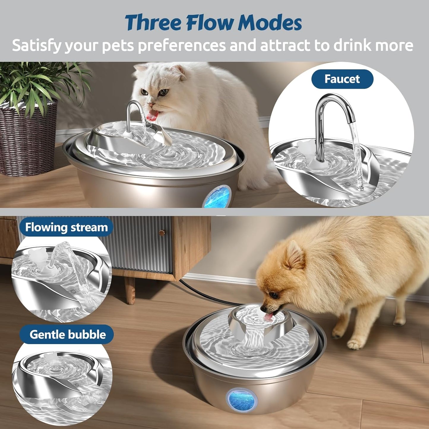 ORSDA Cat Water Fountain Stainless Steel, Cat Fountains for Drinking, 67oz/2L Automatic Pet Fountain Water Dispenser with Water Level Window for Cats and Small Dogs- 4Pcs Filters (D36-F)