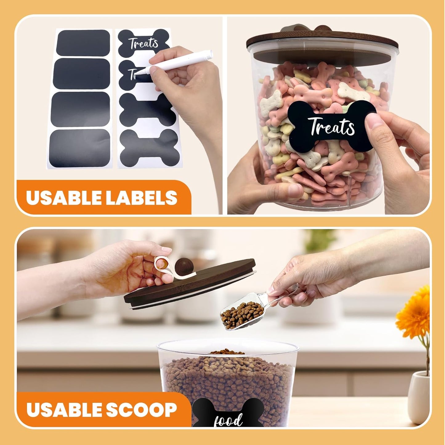 3 Pack Airtight Dog Food Storage Container, Dog Treat Container Dog Food Container with Wood Lids 8x7''&6x5'',Pet Food Storage Container,Cat Food Containers with Scoops,Clamp,Labels,Pens