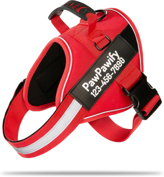 PawPawify Custom No Pull Dog Harness with Name and Phone Number, Heavy Duty Personalized Pet Vest to Prevent Tugging, Pulling, or Choking, Training and Walking (New Red, XS (5-9LBS))