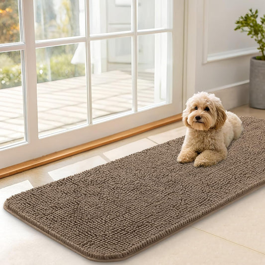 OLANLY Dog Door Mat for Muddy Paws 47x17, Absorbs Moisture and Dirt, Absorbent Non-Slip Washable Doormat, Quick Dry Chenille Mud Mat for Dogs, Entry Indoor Entryway Carpet for Inside Floor, Tan