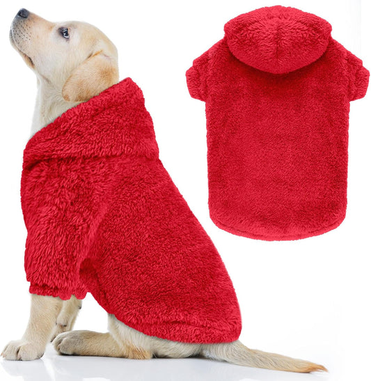 Fuzzy Dog Sweaters for Large Dogs Soft Double-Sided Plush Fleece Pet Sweater Clothes Pet Coats Dog Hoodie Sherpa Hooded Sweatshirt(Red-L)
