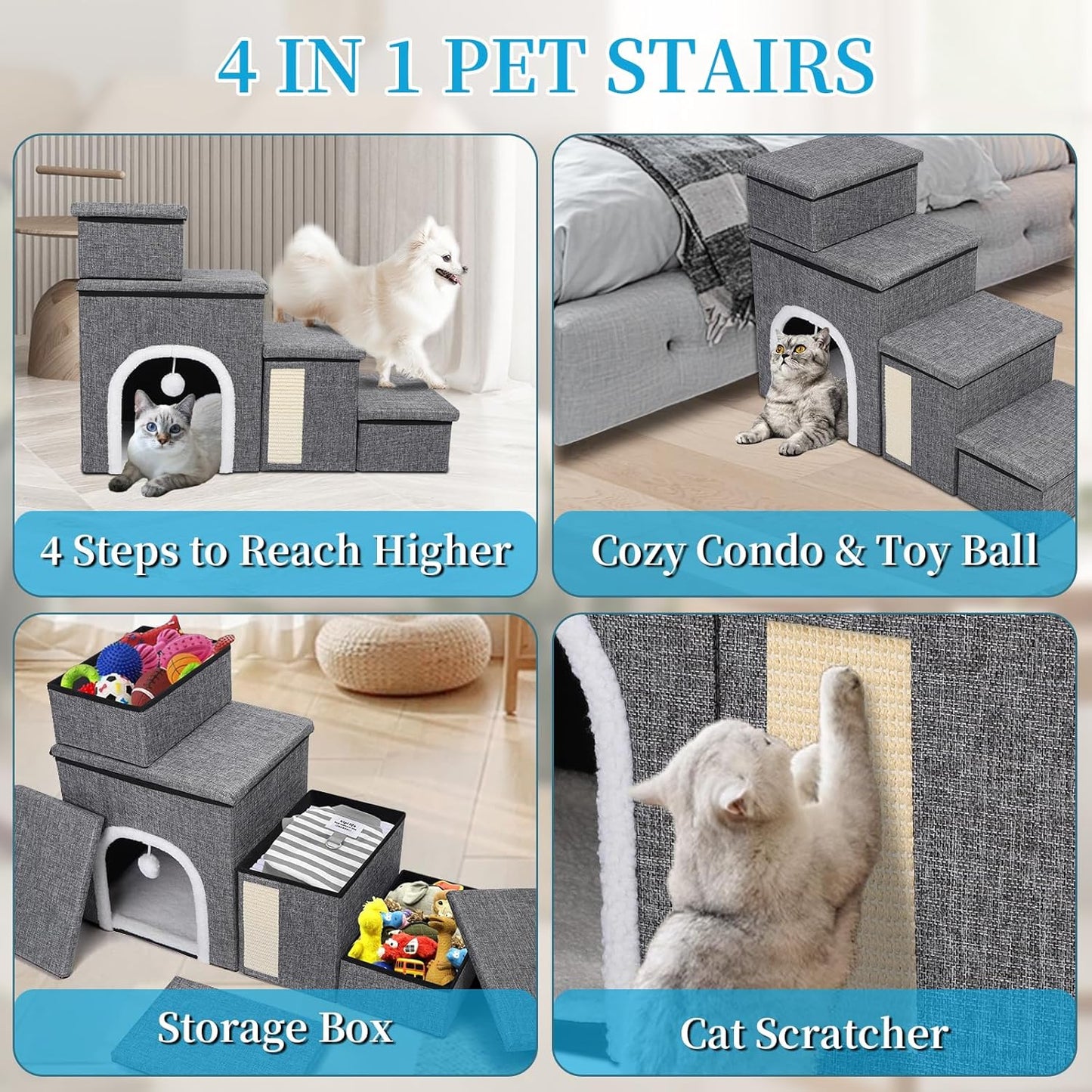 Dog Stairs for Bed and Couch 23“H, Foldable Dog Stairs for Small Older Dogs, 4 in 1 Adjustable Pet Cat Steps Ramps with Storage, Condo, Cat Scratcher, Hold Up to 180LBS, 4 Steps