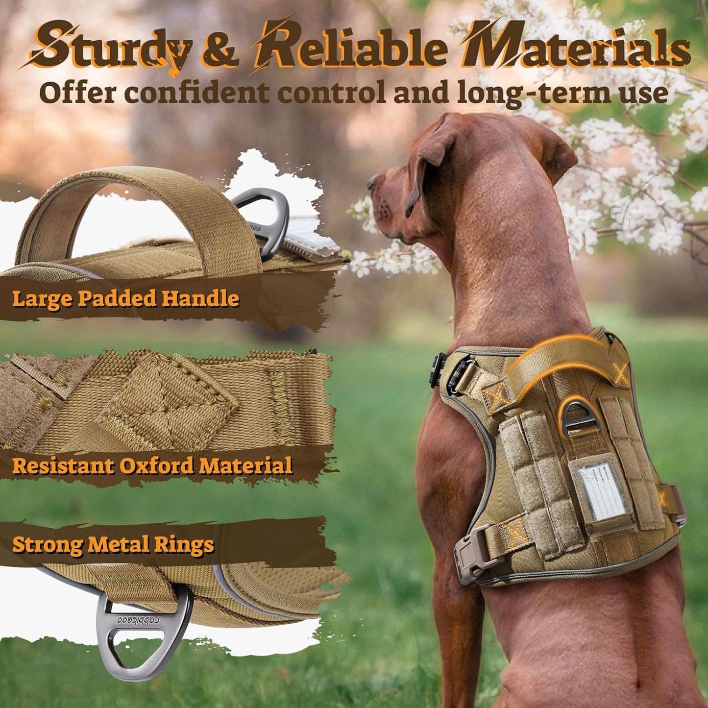 rabbitgoo Dog Harness for Large Dogs No Pull, Tactical Service Pet Vest with Molle and Control Handle, Adjustable and Reflective Military Harness for Easy Walking and Training, Brown, XL