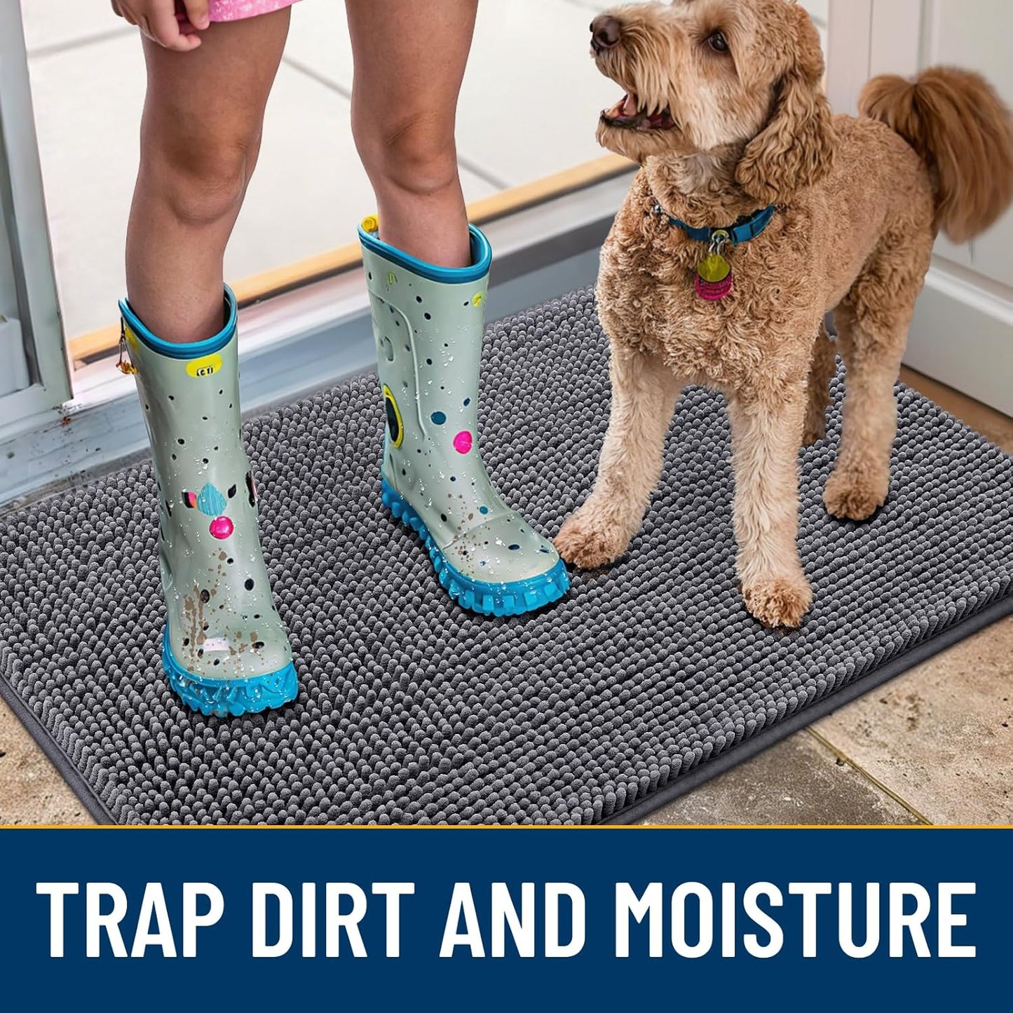 Smiry Dog Door Mat for Muddy Paws 30x20, Absorbs Moisture and Dirt Doormat, Non-Slip Washable Quick Dry Chenille Front Door Mat Indoor Entrance, Entryway Carpet for Inside Floor, Dark Grey