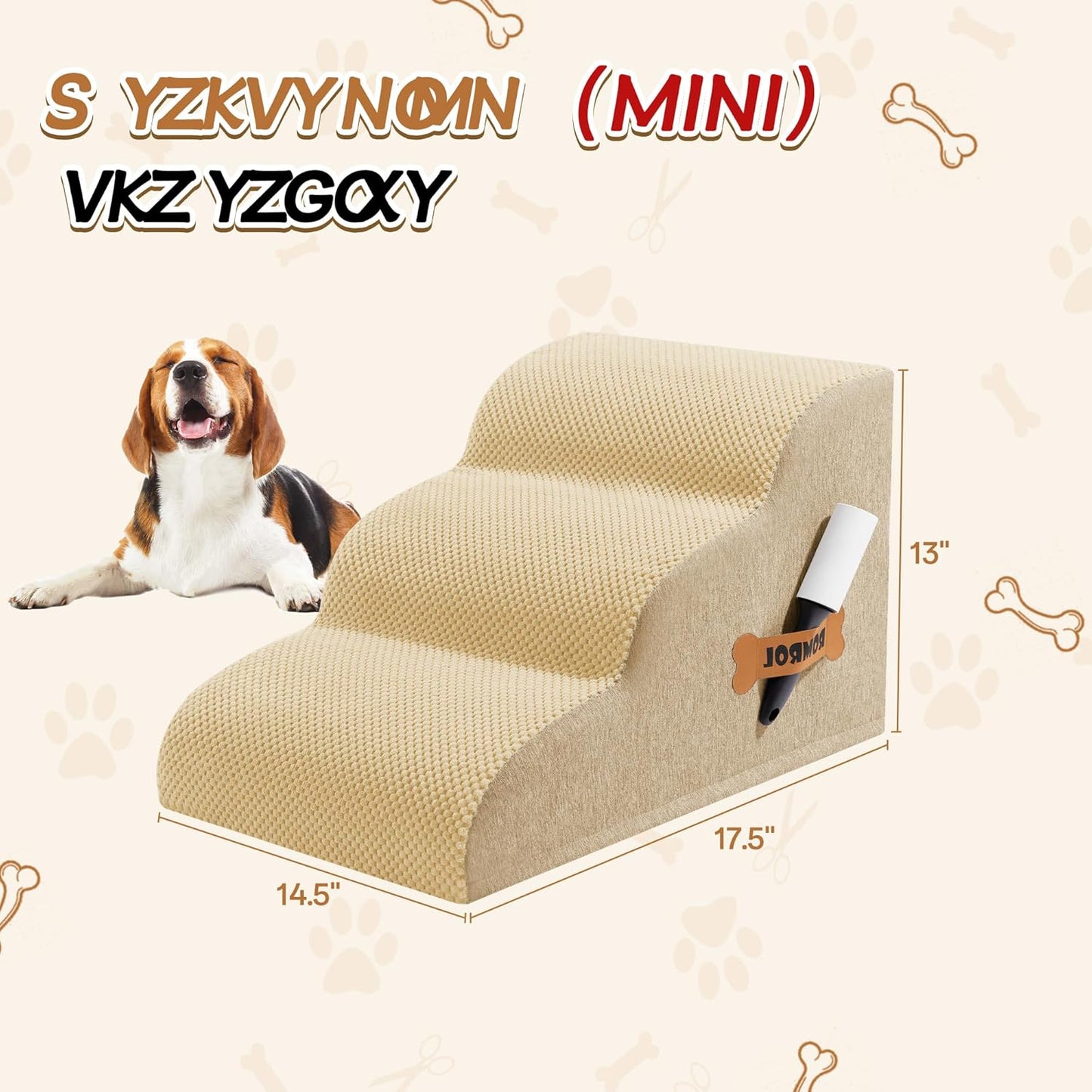 Romrol Dog Stairs Ramp for Beds Couches, Extra Wide Pet Steps with Durable Non-Slip Waterproof Fabric Cover, Dog Slope Stairs for Small Dogs and Cats or Pets Friendly, 3-Tiers, 13 Inch,Beige