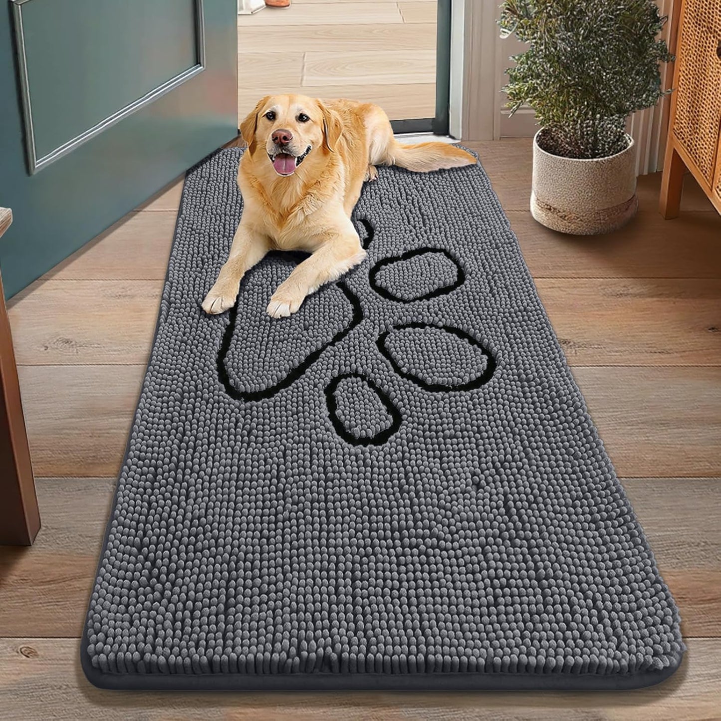Smiry Dog Door Mat for Muddy Paws, Absorbent Dirt Trapper Non Slip Quick Dry Washable Chenille Mat for Mud Dogs, Entry Rug for Indoor and Outdoor (48x30 Inches, Dark Grey and Black)