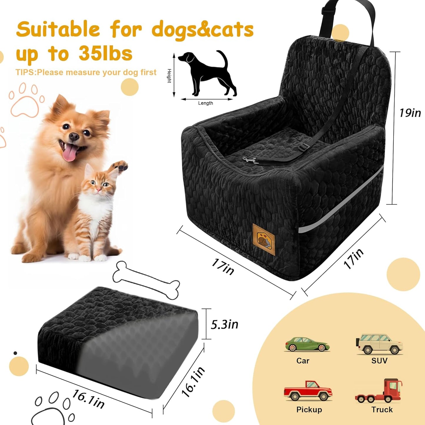 Dog Car Seat for Small/Medium Dogs, Memory Foam Dog Booster Seat, Travel Safety with Washable Removable Cover, Storage Pockets for Dogs up to 35 lbs(Black)