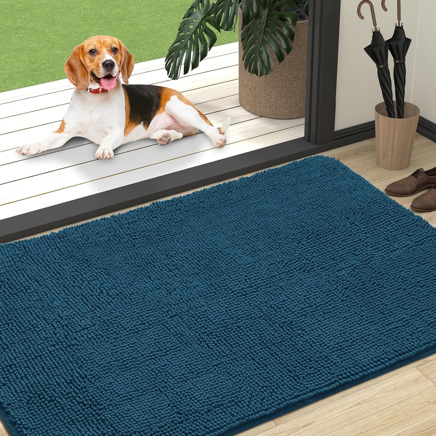 OLANLY Dog Door Mat for Muddy Paws 47x32, Absorbs Moisture and Dirt, Absorbent Non-Slip Washable Doormat, Quick Dry Chenille Mud Mat, Entry Indoor Entryway Carpet for Inside Floor, Atlantic Blue