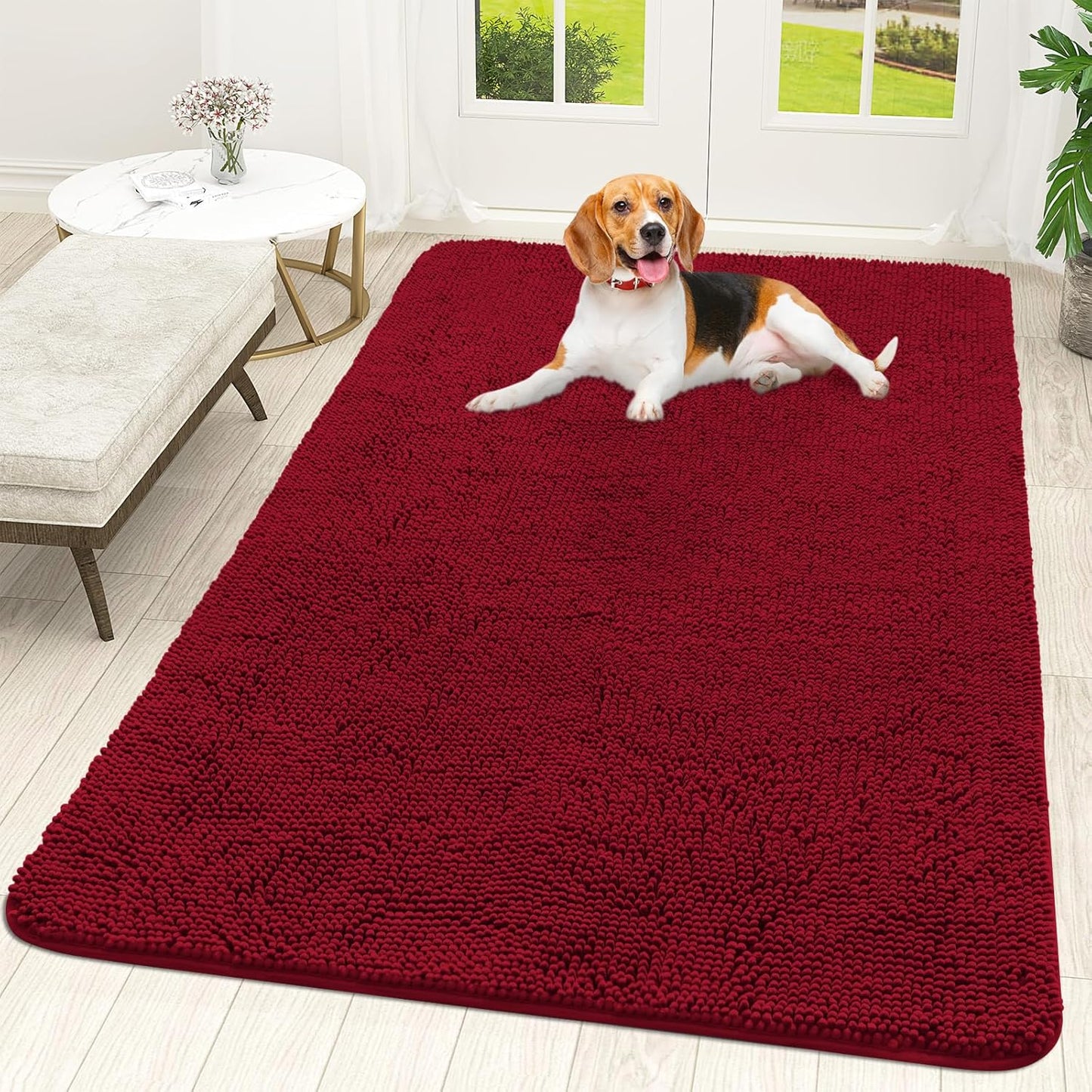 OLANLY Dog Door Mat for Muddy Paws 59x35, Absorbs Moisture and Dirt, Absorbent Non-Slip Washable Doormat, Quick Dry Chenille Mud Mat for Dogs, Entry Indoor Entryway Carpet for Inside Floor, Red
