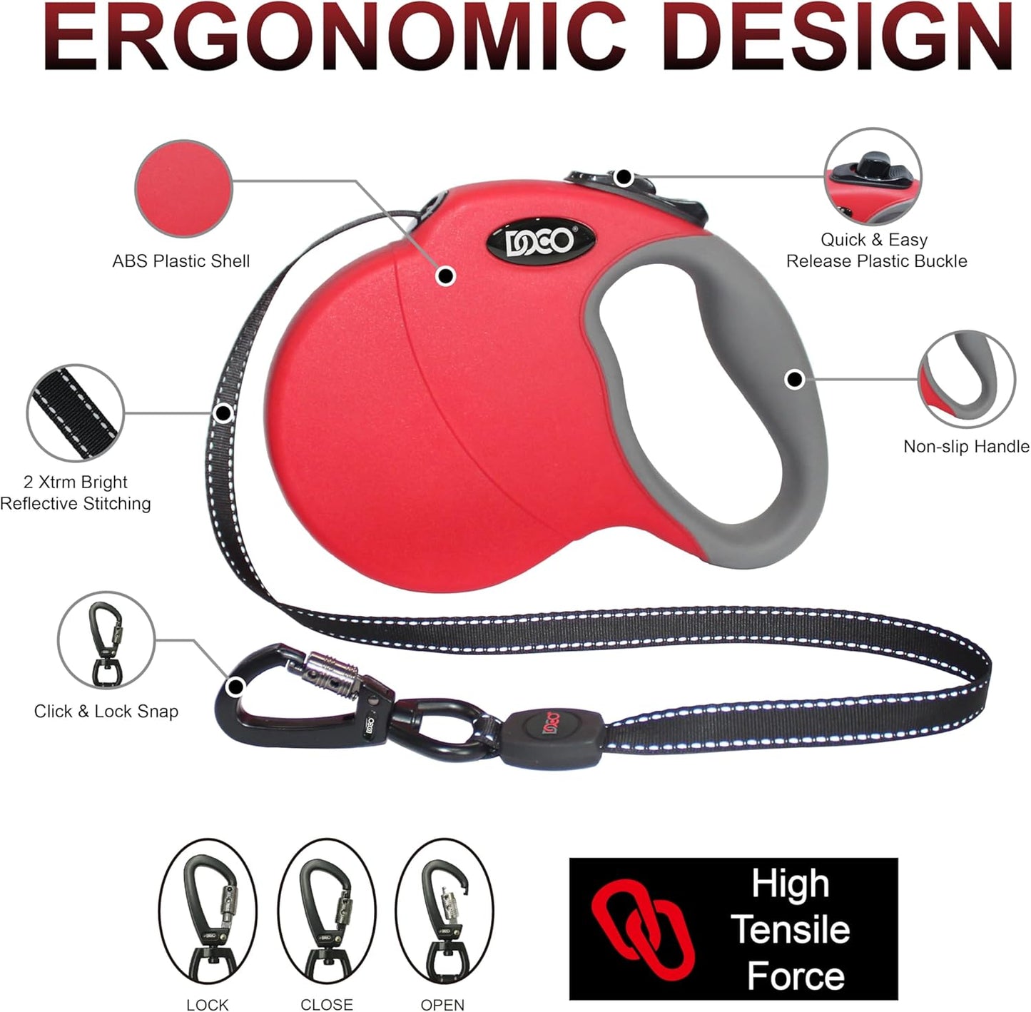 DOCO Retractable Dog Leash for Large Dogs (Length - 16’, Weight - Upto 110lb) Reflective Tape Lead with Stop and Lock Control, Tangle Free 360° Swivel Snap & Anti-Slip Grip (Red, Large)