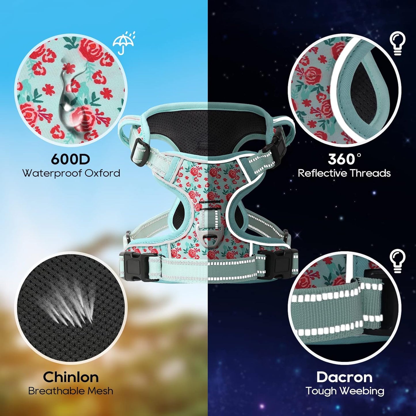 Timos No Pull Dog Harness, Release at Neck Reflective 3 Snap Buckles Adjustable No Choke Pet Vest with Front & Back 2 Leash Clips, Soft Padded Control Training Handle for Small Medium Large Dogs