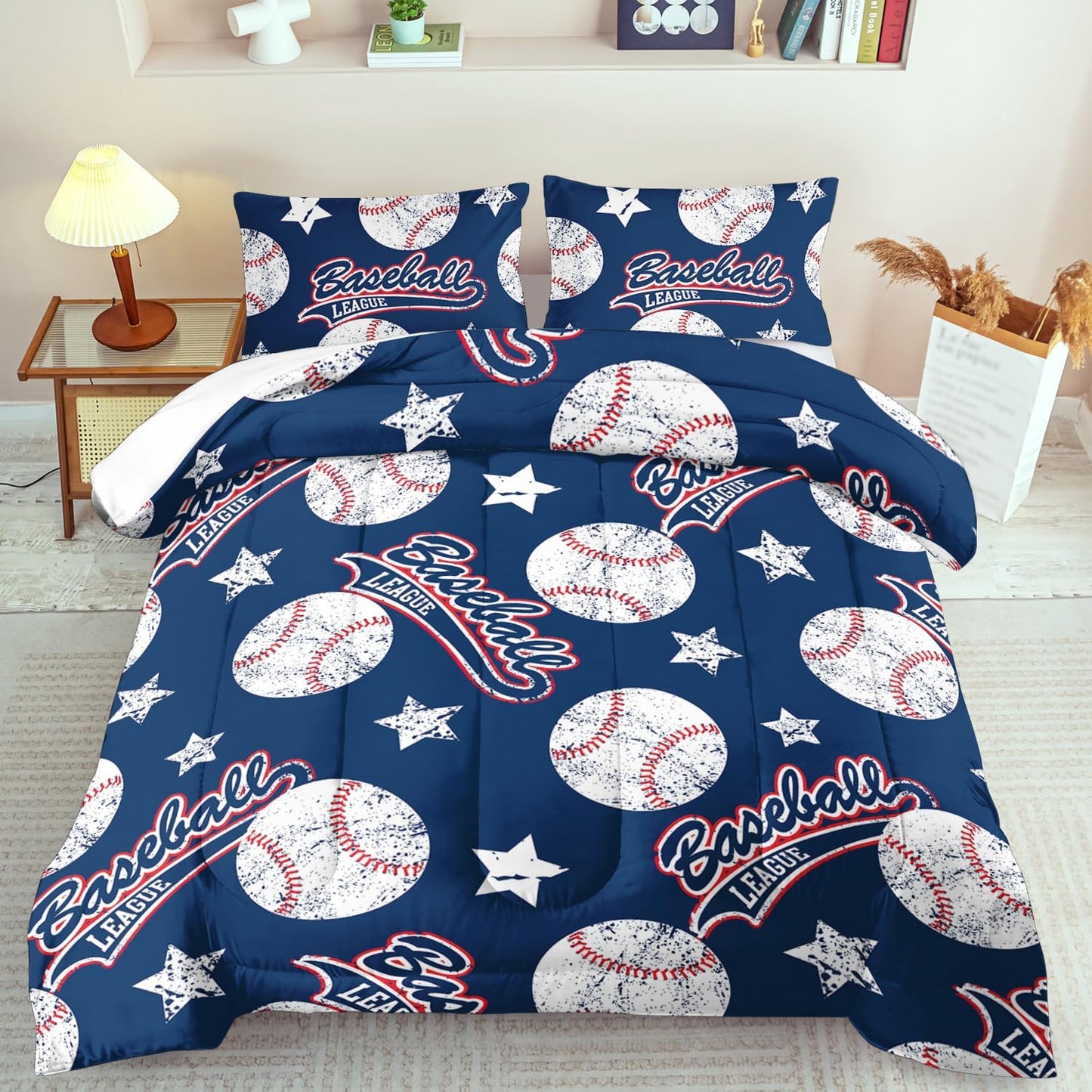 Baseball Comforter Set Twin,Sports Bedding Sets for Boys,Blue Sports Comforter Twin Bedroom Decor,Baseball Bedding Teen for All Seasons,Blue Quilt Kids Bedroom Decor