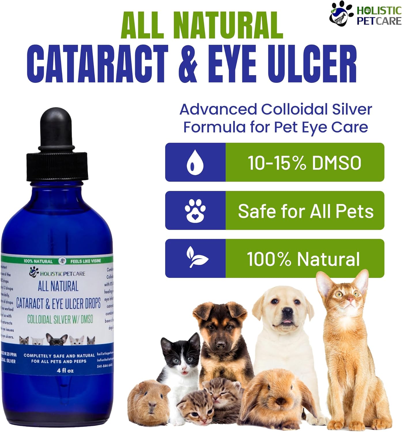 Holistic Pet Care Eye Ulcer Drops - Colloidal Silver with DMSO Eye Drops for Dogs & Cat Eye Infections & Irritations - Eye Care Solution Reduces Cataracts - All Natural Pet Eye Health Care (4 oz)