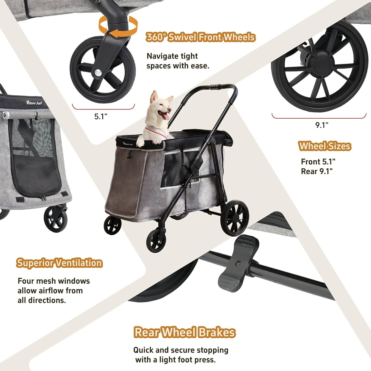 Medium Dog Stroller for Small to Large Dogs 4 Wheels Multi Pet Stroller for 4 Dogs Holds Up to 66lbs, One-Click Folding&Smooth Tires&Sunshade & Storage Basket (Gray, Medium)