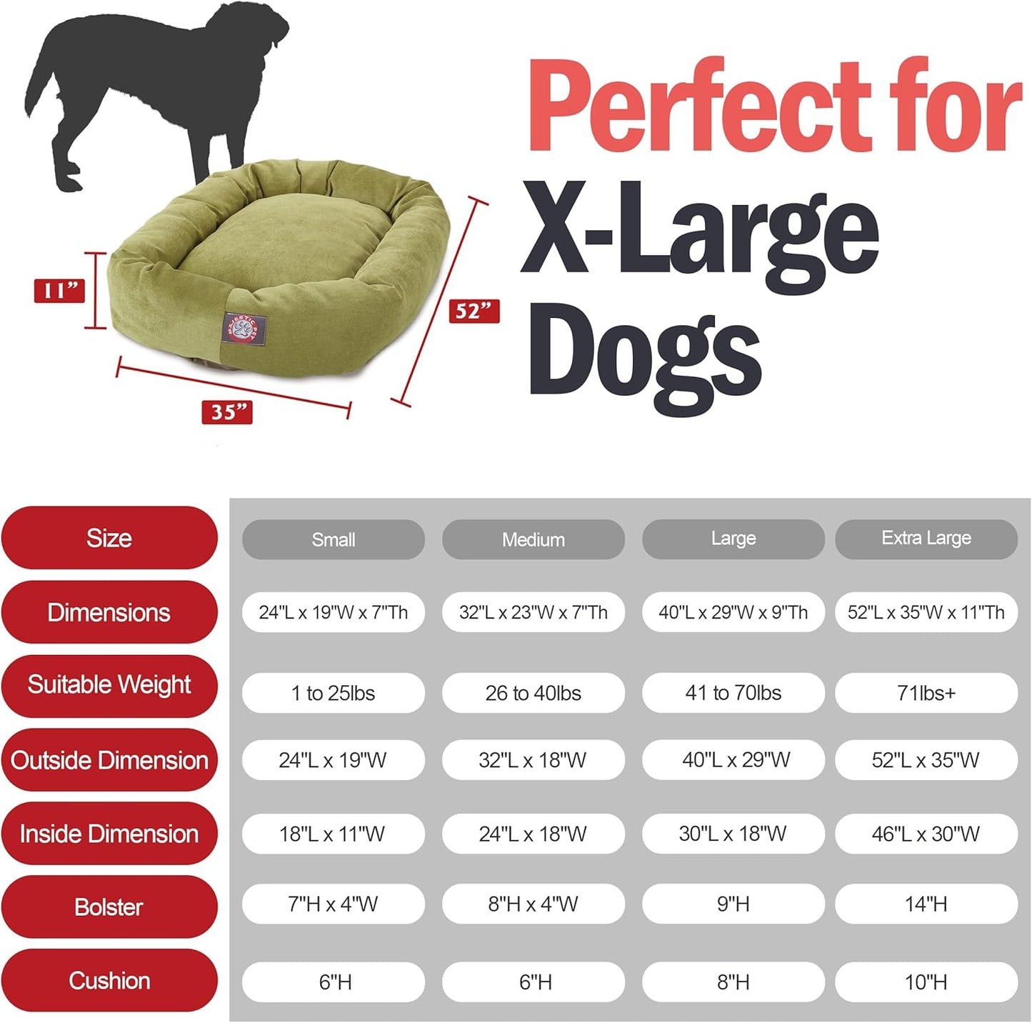 Majestic Pet Villa 52 Inch Shredded Memory Foam Dog Bed for X-Large Sized Dogs 52x35x11 Inch–Orthopedic Dog Bed with Removable Washable Cover-Washable X-Large Pet Bed with Head Support-Apple