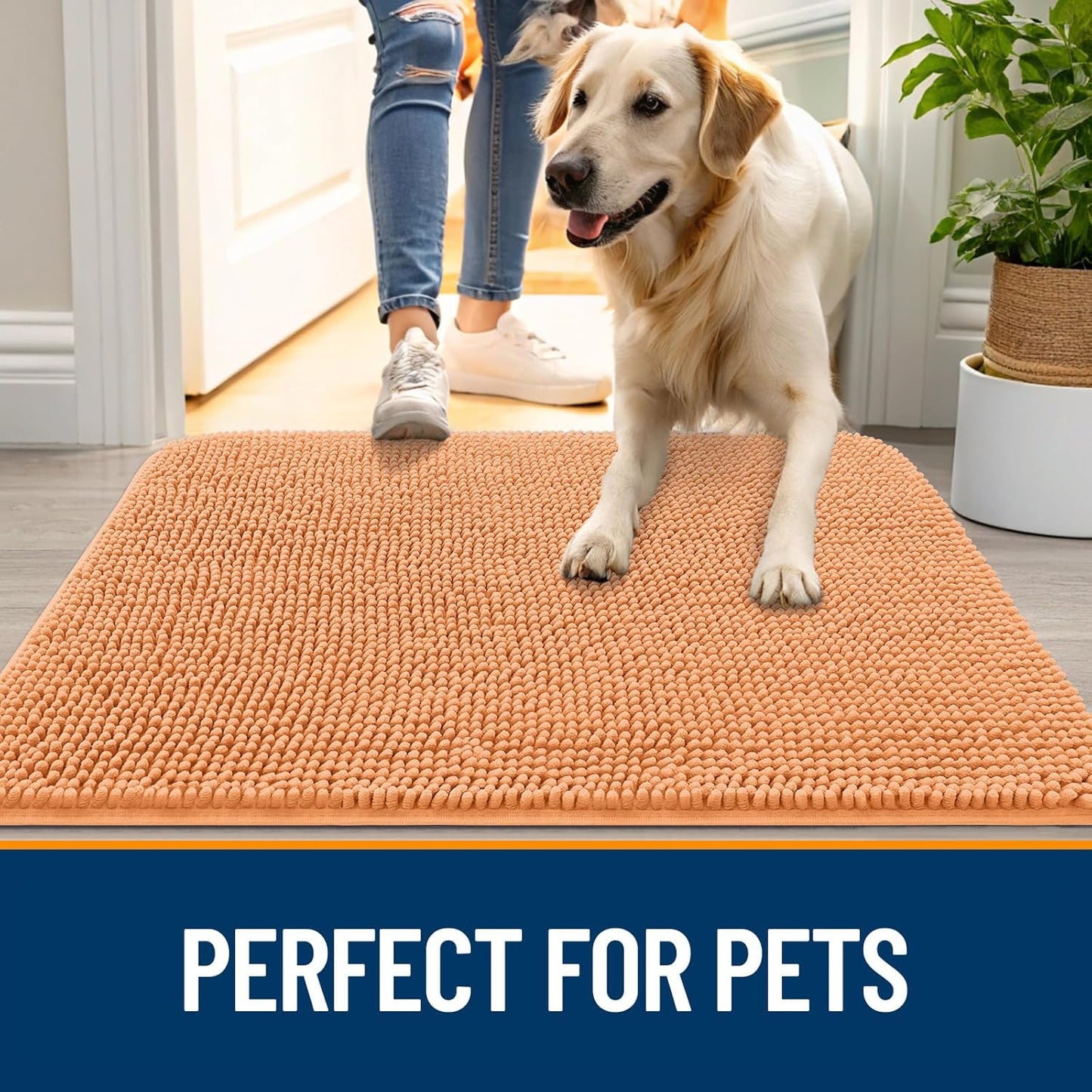 OLANLY Dog Door Mat for Muddy Paws 44x24, Absorbs Moisture and Dirt, Absorbent Non-Slip Washable Doormat, Quick Dry Chenille Mud Mat for Dogs, Entry Indoor Entryway Carpet for Inside Floor, Orange