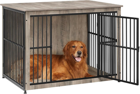Feandrea Dog Crate Furniture, 43.3" Side End Table, Modern Kennel for Dogs Indoor up to 80 lb, Heavy-Duty Dog Cage with Enclosed Base, Double-Door Dog House, Greige UPFC024G01