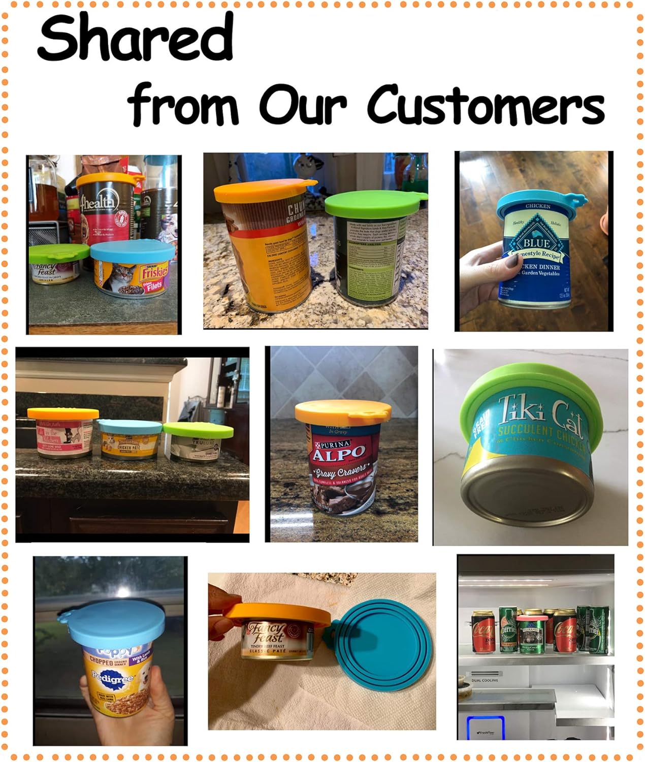 Comtim Pet Food Can Cover Silicone Can Lids for Dog and Cat Food(Universal Size,One fit 3 Standard Size Food Cans),Green and Orange